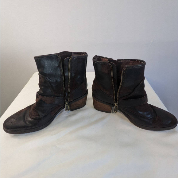 Donald J Pliner Delta Moto Boots Espresso Brown 6.5 Distressed Ankle Buckles - Picture 5 of 10